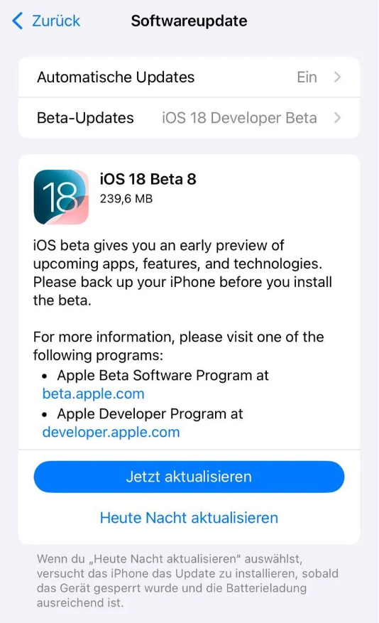 贡山苹果手机维修分享苹果 iOS / iPadOS 18 开发者预览版 Beta 8 发布 